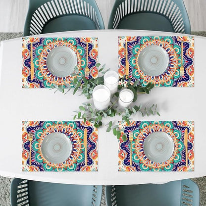 Ethnic Colorful Flower Mandala Placemats Set of 1 PVC Vinyl Non Slip Table Mats Waterproof Heat Resistant Place Mats Washable Wipeable Dining Table Mat for Kitchen Party Farmhouse Indoor Decorative