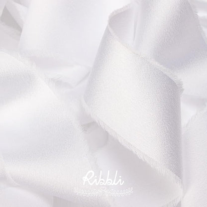 Ribbli White Silk Satin Ribbon 1.5 Inch x 12 Yard Handmade Frayed Chiffon Ribbon with Wooden Spool for Gift Wrapping, Wedding Invitations, Bridal Bouquets, Home Decor