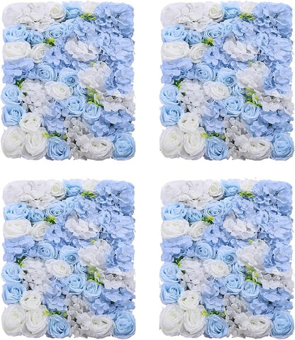 4pcs 3D Artificial Flower Wall Panels - Blue White Backdrop 24 x 16 Inch - Realistic Fake Flower Background Decor for Wedding, Birthday Party and Baby Shower