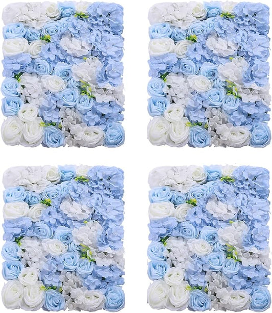 4pcs 3D Artificial Flower Wall Panels - Blue White Backdrop 24 x 16 Inch - Realistic Fake Flower Background Decor for Wedding, Birthday Party and Baby Shower