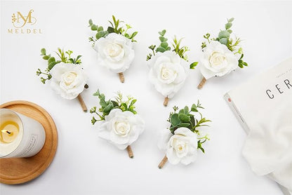 Meldel Ivory White Rose Boutonnieres for Men Wedding, Set of 2, Artificial Corsage for Prom, Groom and Groomsmen Boutonniere for Ceremony, Formal Dinner Party, Fall Rustic Wedding, Homecoming