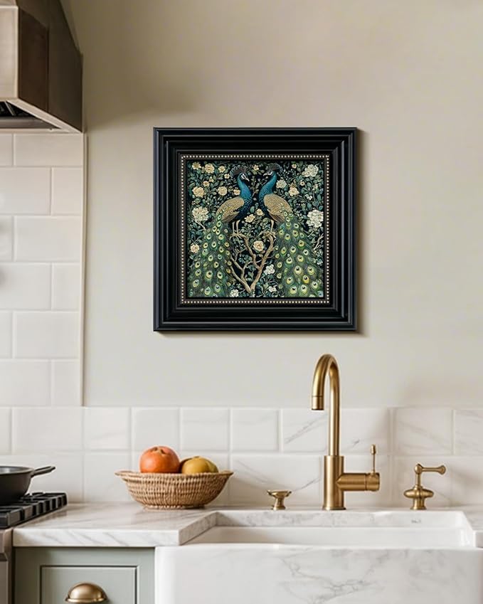 3D Textured Framed Peacock Wall Art 16x16 Vintage Floral Botanical Decor Sandstone Surface, Victorian Antique Bird Painting Black Frame Gold Dot Accents, Classic Peacock Artwork Home Shop Decor