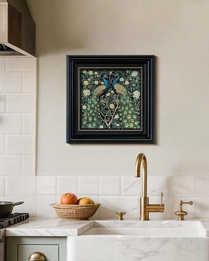 3D Textured Framed Peacock Wall Art 16x16 Vintage Floral Botanical Decor Sandstone Surface, Victorian Antique Bird Painting Black Frame Gold Dot Accents, Classic Peacock Artwork Home Shop Decor