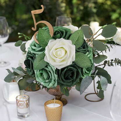 AmyHomie 25pcs Real Looking Artificial Shades of Forest Roses w/Stem for DIY Wedding Bouquets Centerpieces Arrangements Party Baby Shower Valentines Day Christmas Tree Decorations