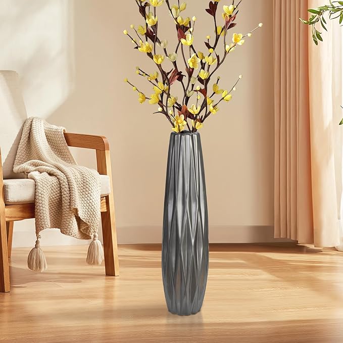 Silvery Ceramic Tall Floor Vase,17.7 Inch Large Modern Flower Vases for Home Décor,Wicker Big Floor Vases Decorations for Farmhouse, Living Room,Bedroom,Standing Plastic Vase Decorative Tall