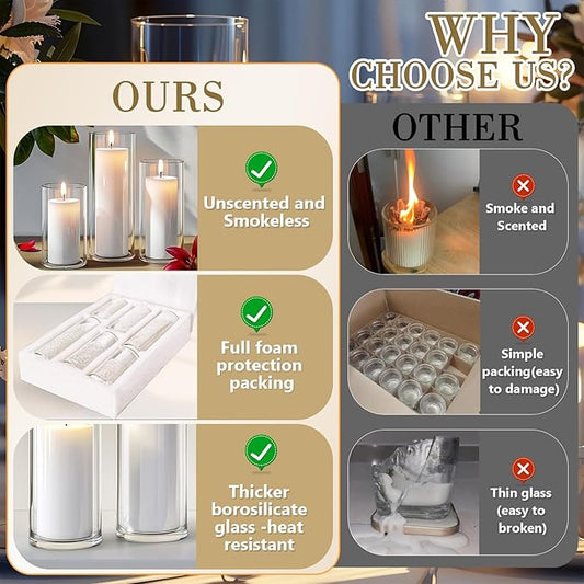 24 PCS White Pillar Candles with Glass Candle Holders Clear Hurricane Candle Holders Glass Cylinder Vases for Centerpieces Wedding Party, Event, Home Office (12 Candles+12 Candle Hoders)
