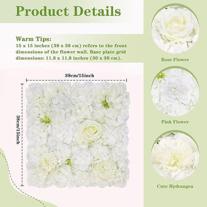 MoKoHouse White Backdrop Flower Wall Panels: 3D Artificial Silk Floral Wall Panels for Wedding Birthday Decorations 24 Packs 15x15 Inches