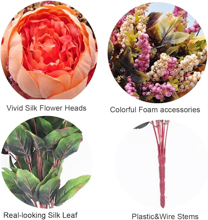 2pcs Artificial Peony Bouquets,19 Inch Silk Peony Bunch with 7 Faux Flowers,Classical Style Artificial Flowers with Leaves and Ornaments for Wedding,Home Décor Centerpieces(Orange)
