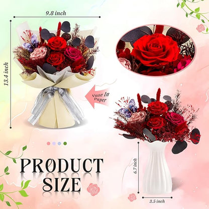 Preserved Flowers Bouquet Roses with Vases,Real Birthday Flowers for Delivery Prime,Forever Glitter Rose Bouquets Kit,Handmade Eternal Rosas Butterfly Gifts for Mom Birthday Women Girl (Red)