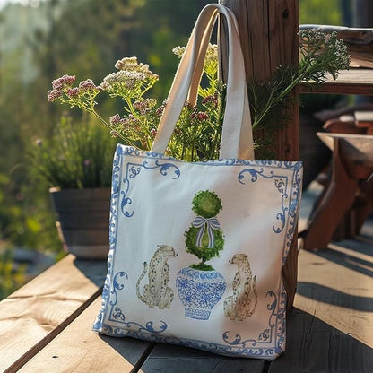 Blue and White Chinoiserie Prints Canvas Tote Bag for Women, Reusable Folding Shopping Bags with Handles