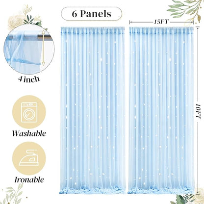 30ft x 10ft Blue Backdrop Curtain with Lights String for Parties, Sheer Tulle Wedding Photo Backdrops Drapes for Baby Shower Birthday Party Decorations Background for Photography
