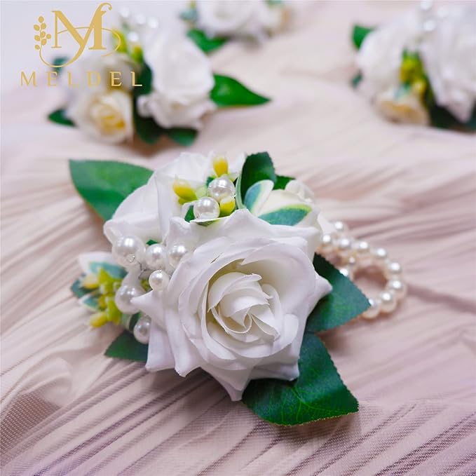Meldel White Wrist Corsage for Prom, Set of 2, Iovry Wrist Flower for Bride Bridal Bridesmaid Mother Rustic Fall Wedding Party, Rose Hand Flower for Girl Homecoming Ceremony