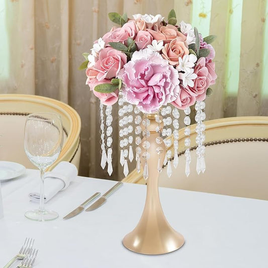 Flower Stand Vase, 10 Pcs Glam Crystal Wedding Reception Decorations with Sparkling Beads Table Center Display Flower Arrangement Flower Stand Metal Vase for Event Party Decor (Gold, H:13.78in)