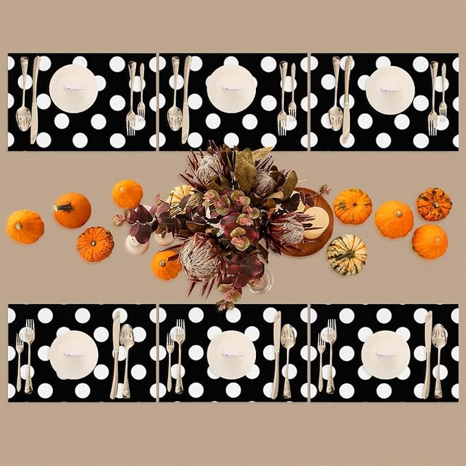 Black White Polka Dot Placemats Set of 6 PVC Vinyl Non Slip Table Mats Waterproof Heat Resistant Place Mats Washable Wipeable Dining Table Mat for Kitchen Party Farmhouse Indoor Outdoor Decorative