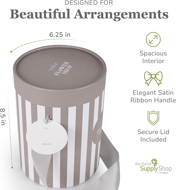 Striped Flower Hat Box 2 Pack | Round Flower Boxes for Arrangements | Satin Ribbon Handle & Waterproof Liner | Gift Box for Flowers with Lids