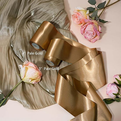 LaRibbons Pale Gold Satin Ribbon 3 Inch 10 Yards Double Faced Luxury Pale Gold Silk Ribbon for Gift Wrapping Flower Bouquets Bow Christmas Wedding Party Decoration