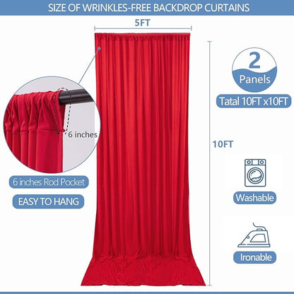 10x10ft Wrinkle Free Red Backdrop Curtain for Parties Soft Fabric Drapes Wedding Red Curtain Backdrop for Birthday Party Decorations Background for Photography 5x10ft, 2 Panels