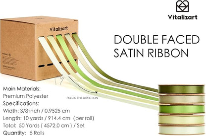 Vitalizart Green Ribbons for Crafts 3/8" x 50 Yd Satin Ribbon Double Face Gift Wrapping Silk Like Fabric Flower Bouquet Birthday Party Decorations Bridal Shower Wreath Hair Continuous Dark Sage Green