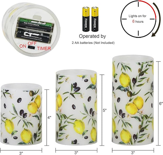 DRomance Flameless Pillar Wax Candles with 6 Hour Timer Battery Operated 3 Packs Lemon Decals LED Flickering Candles Yellow Light Holiday Wedding Spring Home Decoration Candle(3 x 4, 5, 6 Inches)