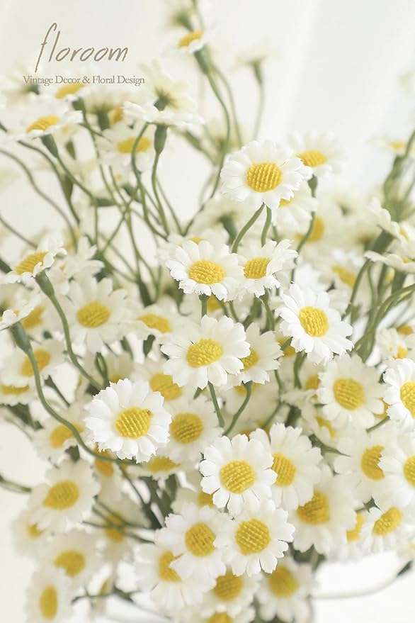 Floroom 24pcs Ivory Small Artificial Flowers Faux Silk Daisies Fake Wildflowers with Stems for DIY White Wedding Bouquets Floral Arrangements Party Decor Centerpieces Decorations (Vase Not Included)
