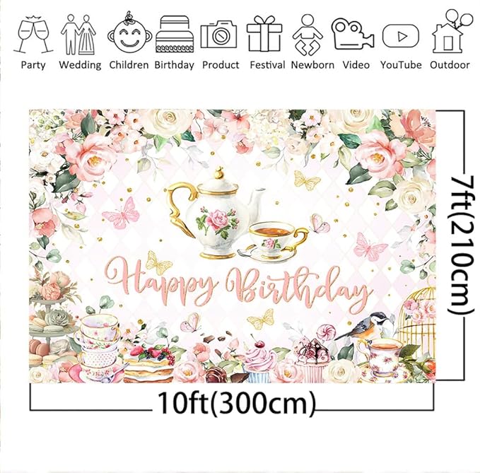 Mocsicka Tea Party Happy Birthday Backdrop Floral Princess Tea Birthday Party Decorations Kids Wonderland Let's Partea Dessert Caketable Banner Photo Booth (10x7ft)