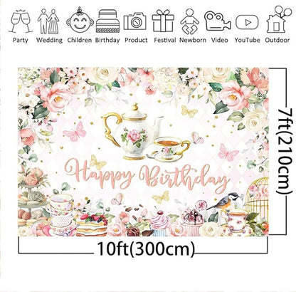 Mocsicka Tea Party Happy Birthday Backdrop Floral Princess Tea Birthday Party Decorations Kids Wonderland Let's Partea Dessert Caketable Banner Photo Booth (10x7ft)