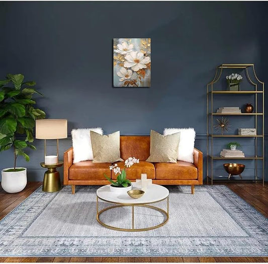 Abstract White Flower Painting Canvas Wall Art With Gold Leaf Canvas Framed Art Wall Decor White Elegant Flower Modern Print Wall Art for Living Room Bedroom Home Decoration 16x24 inch