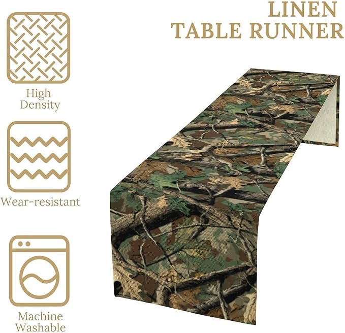 Forest Camouflage Table Runner, Camo Conifer Oak Branches Leaves Military Mossy Lodge Country Camp Cabin Theme Dinner Table Runner for Home Kitchen Dining Table Decoration 13"x70"