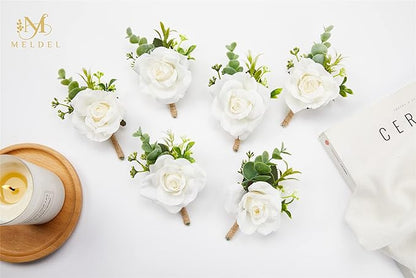Meldel Ivory Rose Boutonniere for Men,Set of 6,Groom and Best Man Boutonnieres with Artificial Flower,for Wedding Ceremony Anniversary, Formal Dinner Party, Fall Vintage Rustic Marriage Prom