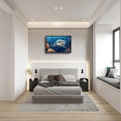 Large Ocean Shark Wall Art for Living Room, Framed Oversized Shark Fish Wall Decor Underwater Marine Life Canvas Painting Modern Artwork for Living Room Bathroom Bedroom Office Dining Room 36"x24"