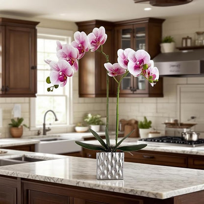 Artificial Orchid with Silver Vase, 20 Inch Purple Heart White Flowers, Indoor Home Decor