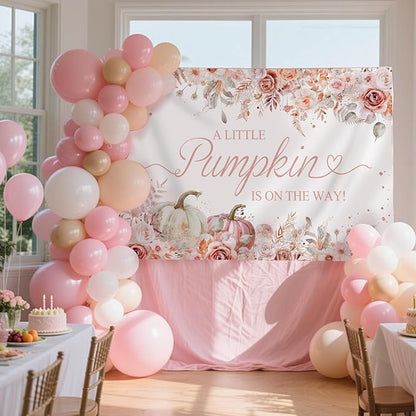 7x5ft Pumpkin Baby Shower Backdrop for Girls Pink Floral Leaves Photography Background Newborn Baby Shower Party Decorations Little Pumpkin Backdrops Banner Supplies Studio Photo Booth Props