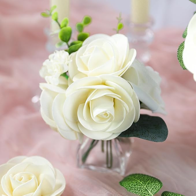 Meldel Artificial Flowers 50pcs Real Looking Beige Foam Fake Roses with Stems for DIY Wedding Bouquets Bridal Shower Centerpieces Floral Arrangements Home Decorations
