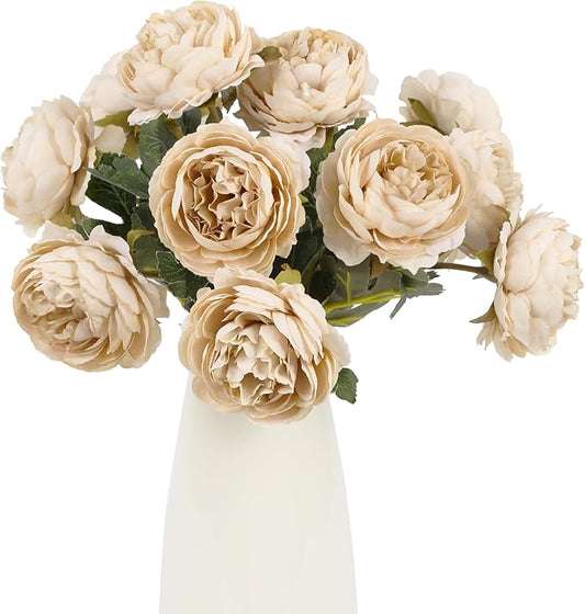 IPOPU 10pcs Beige Peonies Artificial Flowers Silk Peonies with Stems Real Look Fake Peony for Home Table Decorations Wedding Faux Flowers Arrangements