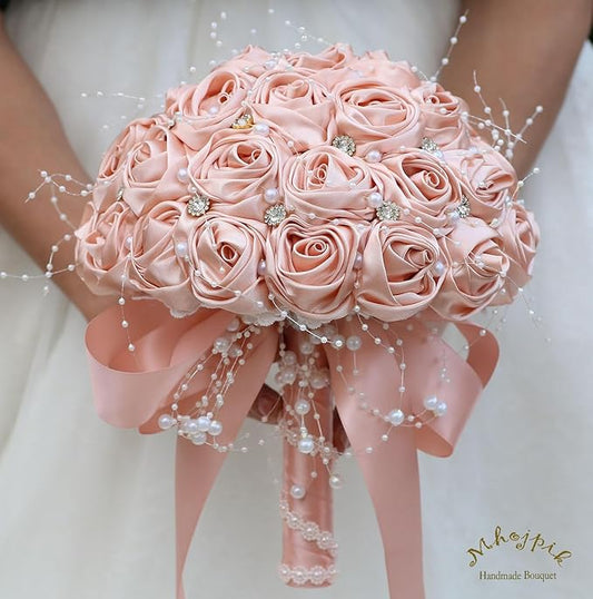 Bridal Wedding Bouquet Round Bling Brooch Bouquet Throw Toss Artificial Rose Flower Bunch for Bride Bridesmaid Wedding Quinceanera(Peach Pink, 9.8")