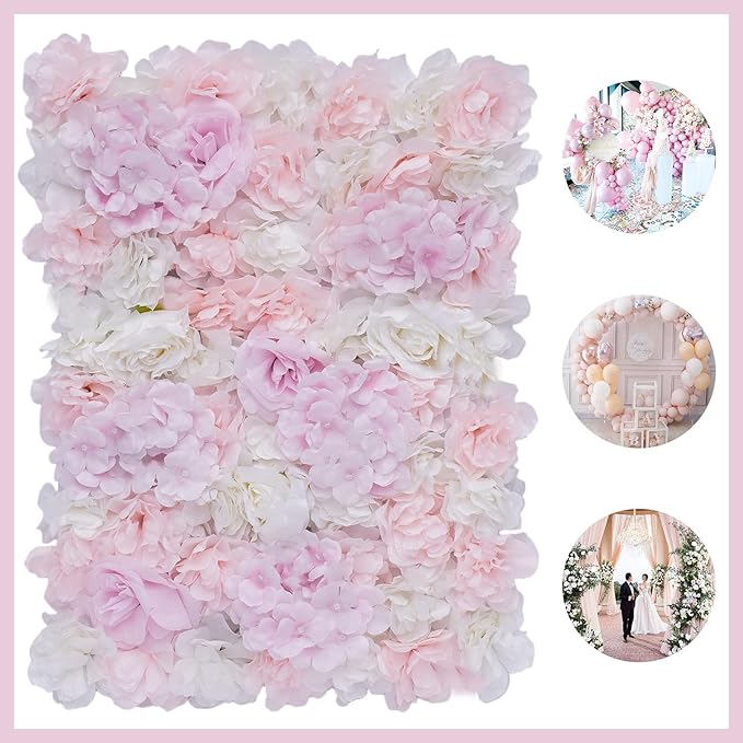 12 Pcs Artificial Flower Wall Panel 3D Silk Fabric Floral Backdrop Flower Wall Decor for Wedding Party Event Photo Stage (Light Pink Hydrangea Rose)