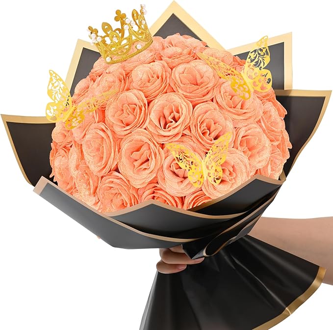 Waipfaru Glitter Roses Bouquet, DIY Fake Flowers Bouquet, Birthday Gifts for Women Mom, 36 Pcs Champagne Rose for Wife Girlfriend Valentines, Mothers Day, Anniversary, Graduation