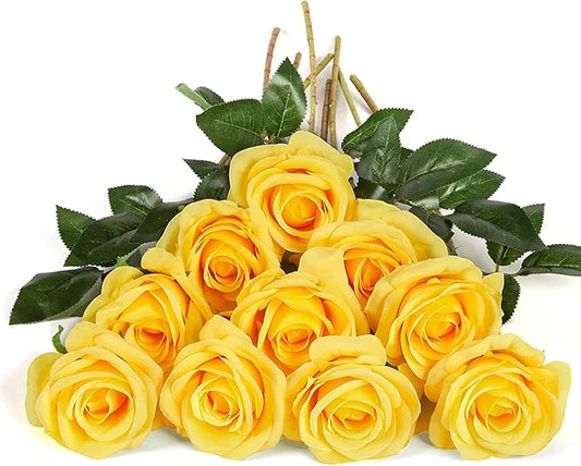 DuHouse 10pcs Fake Roses Artificial Silk Flowers Faux Rose Flower Long Stems Bouquet for Arrangement Wedding Centerpiece Party Home Kitchen Decor(Pure Yellow)