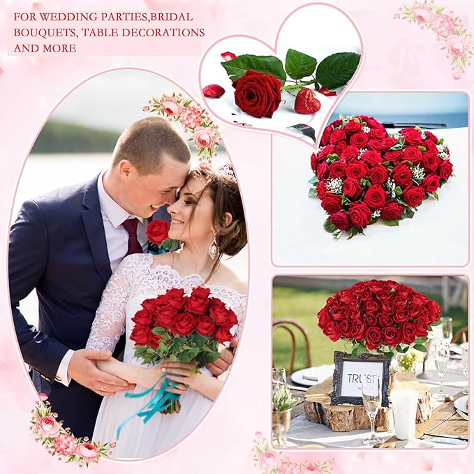 Hananona 50 Artificial Roses in Bulk, Fake Velvet Silk Burgundy Roses Realistic Red Roses for Wedding Centerpieces Flower Arrangement Home Decor (50, Burgundy)