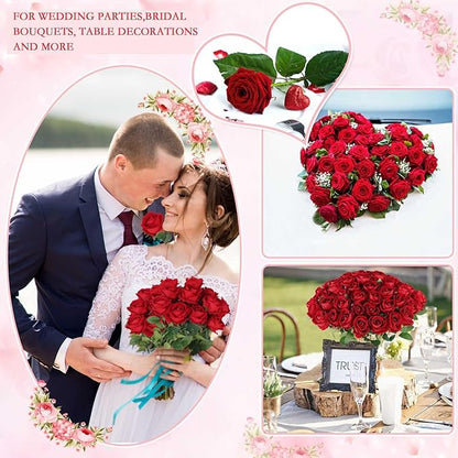 Hananona 50 Artificial Roses in Bulk, Fake Velvet Silk Burgundy Roses Realistic Red Roses for Wedding Centerpieces Flower Arrangement Home Decor (50, Burgundy)