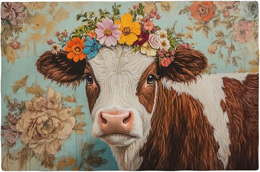 Farmhouse Cow Placemats Set of 6 Washable Table Mats Spring Cow Floral Heat-Resistant Cotton Linen Place Mats for Dining Table Kitchen Indoor Outdoor Party Holiday Decor