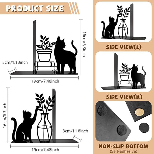 Cat Metal Bookends Cute Cat Book Ends for Shelves Bookshelf Home Office Desk Decorative Bookshelf Decor Gift for Cat Lovers and Reading Enthusiasts