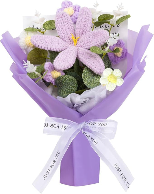 Crochet Flowers Bouquet Handmade Knitted Crochet Flower Bouquet with Lily Artificial Crochet Flower for Mothers Day, Teacher, Valentines, Birthday Home Table Desk Decoration
