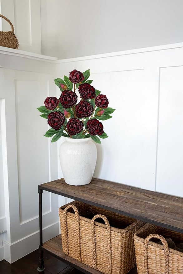 Briful 3 Pack Artificial Peony Flower 27.5" Tall Burgundy Silk Peonies Floral Stems Real Touch Faux Peony Flower for Wedding Bouquets Home Floral Arrangements Table Centerpieces DIY Décor