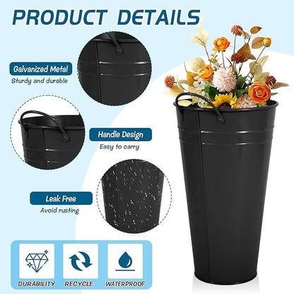 Flower Bucket for Flower Bar, 6 Pcs 10.2 Inch Metal Vases with Handles, Leak-Proof Black French Buckets for Wedding Centerpieces, Farmhouse Party & Rustic Home Decor