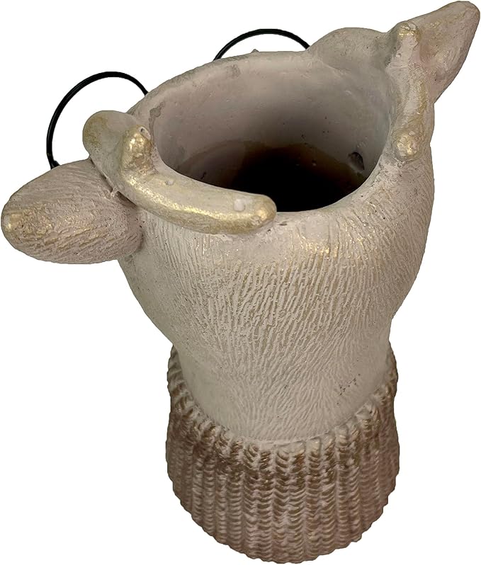 Bespectacled Deer Cement Vase 8.7 Inch - Gold Accents, Knit Scarf, Real Wire Glasses, Whimsical Animal Planter, Distressed Taupe Decorative Vase for Indoor Plants, Unique Gift - Home or Office