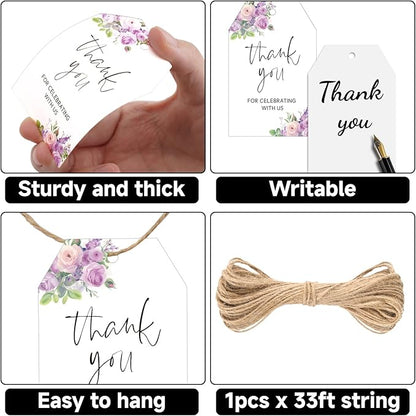 G2PLUS 50PCS Thank You Gift Tags with Twine, 3.3X2.2In Purple Floral Paper Tags for Wedding Favors, Baby Shower, Bridal Shower, Party Decorations