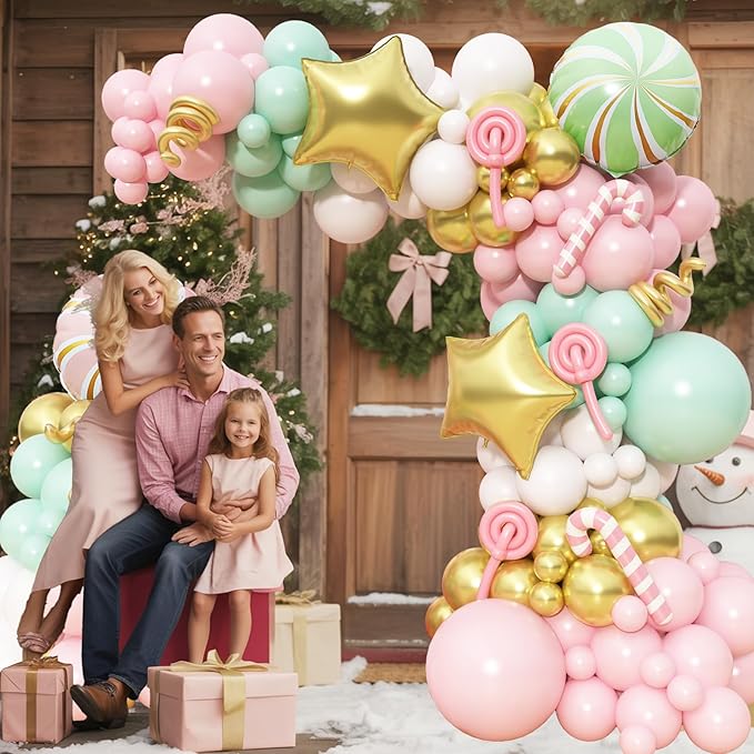 Christmas Decorations Balloons Arch Kit, Pastel Pink Green White Gold Balloons with Star Peppermint Candy Cane Foil Balloon for Christmas Xmas Gingerbread Nutcracker Baby Shower Birthday Party Decor