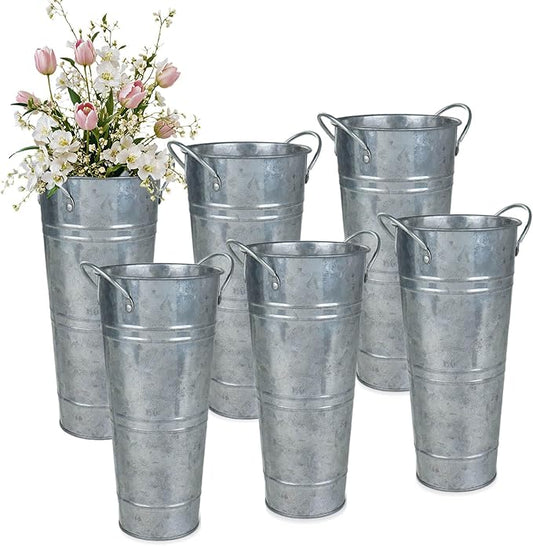 9 Inch Galvanized Metal Vases for Flowers - 6 Pcs Farmhouse Decorative Tall Flower Bucket with Handles, Rustic French Tin Planter Buckets for Wedding Decor (Silver)