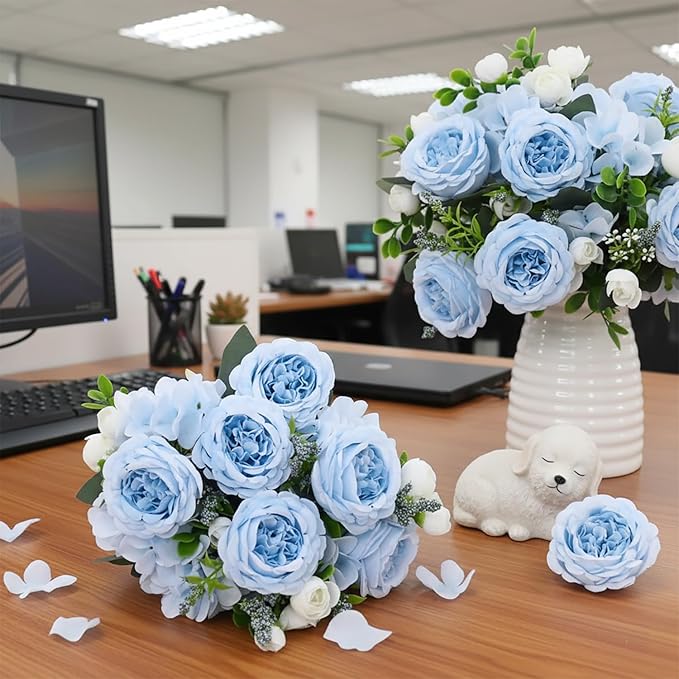 Peonies Artificial Flowers 12 Bundles Pink Flowers Bouquet, Lifelike Silk Fake Peonies with Stems for Home Table Centerpieces, Wedding, Party & DIY Bridal Floral Arrangements (Blue)